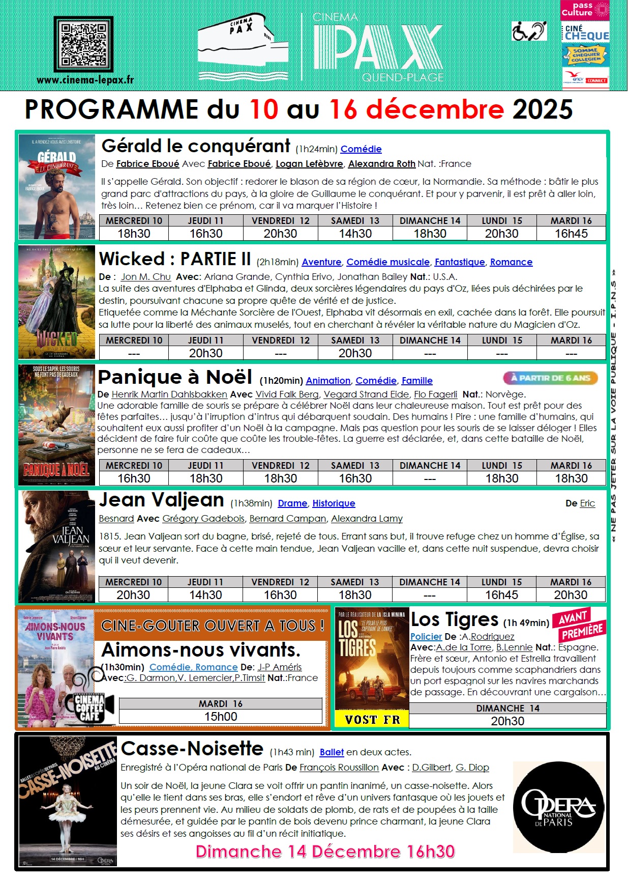 Programmation des séances du Cinéma Le Pax