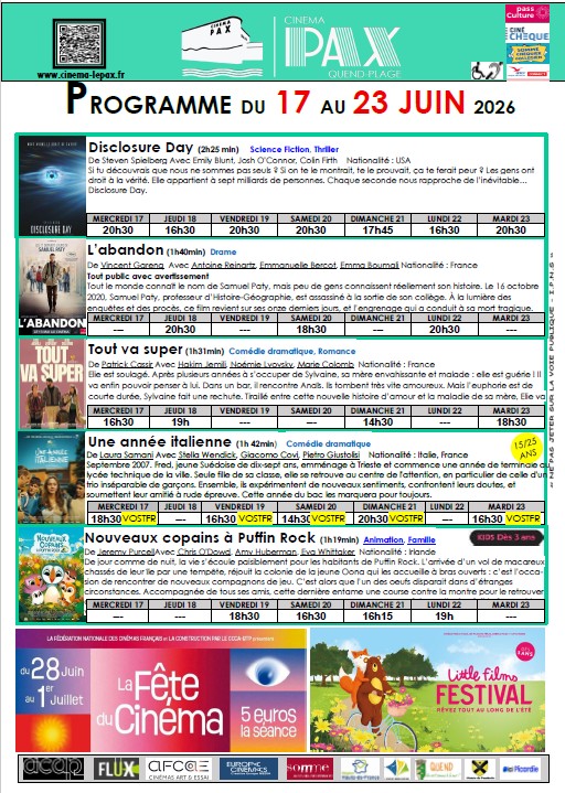 Programme du Cinéma Le PAX de QUEND-PLAGE du 17 juin au 23 juin 2026