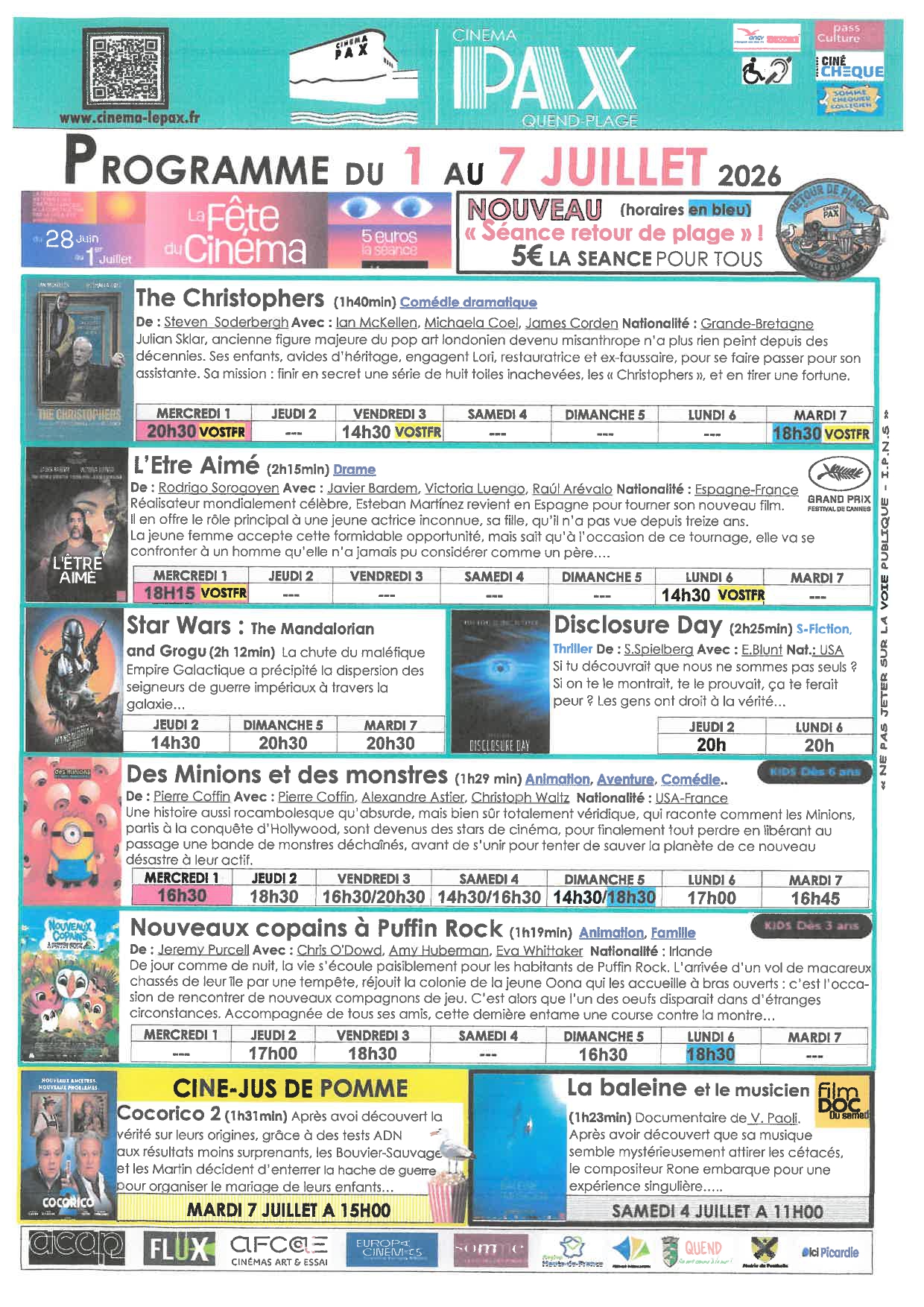 Programme du Cinéma Le PAX de QUEND-PLAGE du 01  juillet au 07 juillet 2026