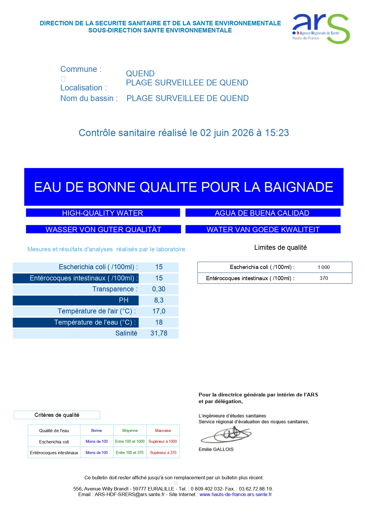 Contrôle sanitaire de l’ARS – Plage surveillée de QUEND