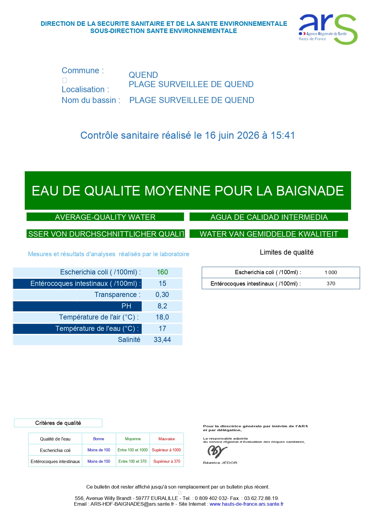 Contrôle sanitaire de l’Agence Régionale de Santé