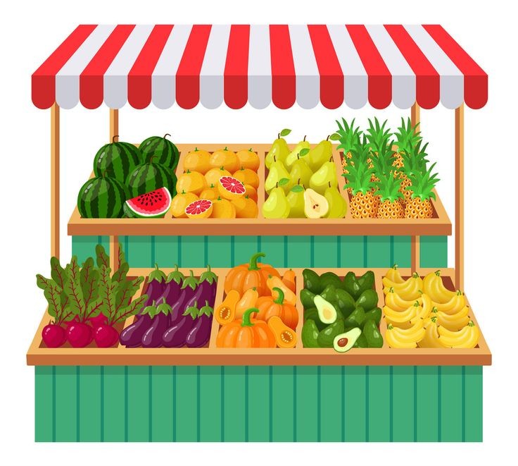 Vegetables supermarket stall. Fruits, vegetables wooden counter, grocery store organic food. Fresh vegetables local shop vector illustration. Selling watermelon, grapefruit, pear and pineapple