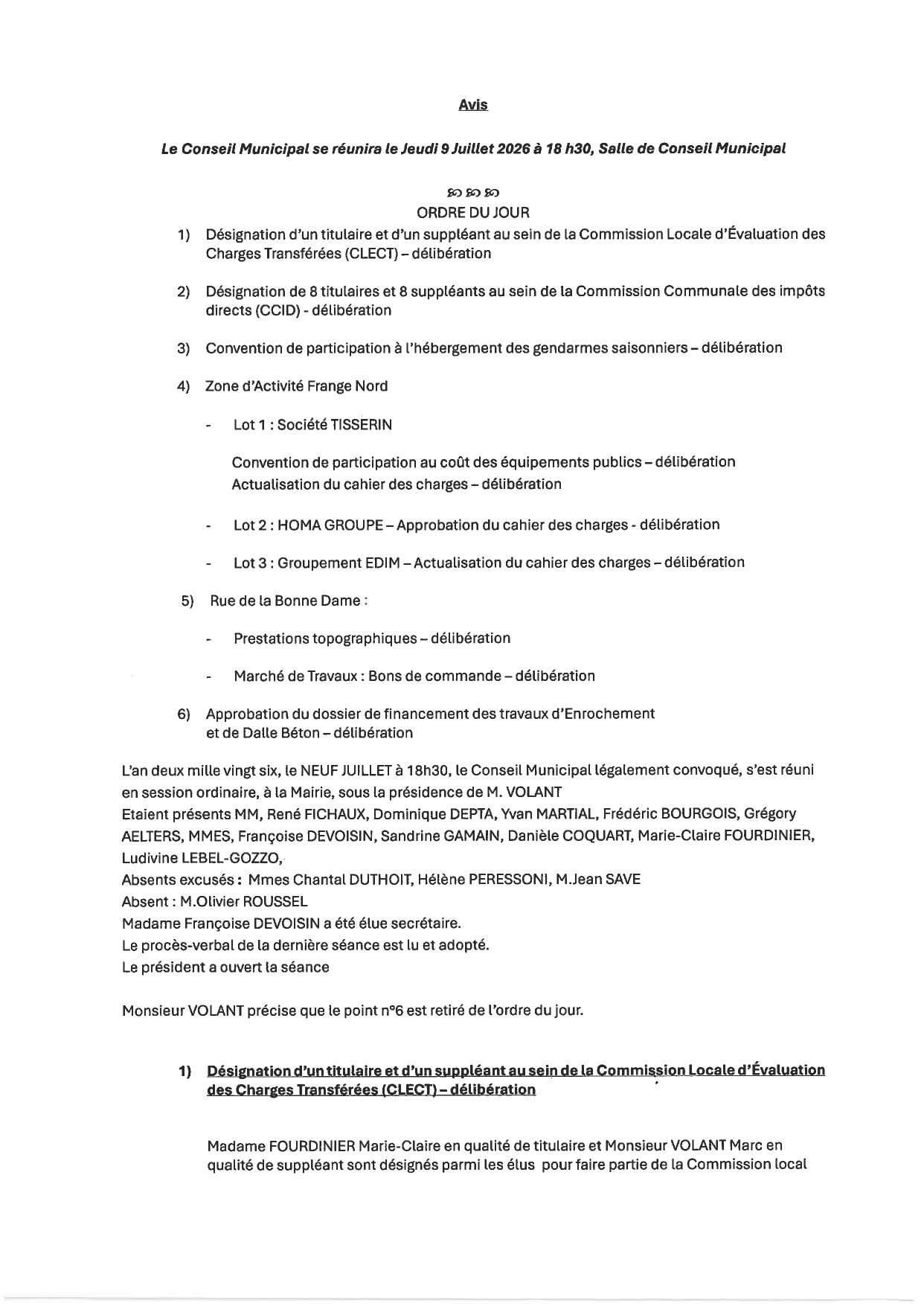 Compte-Rendu de la réunion du Conseil Municipal du Jeudi 9 Juillet 2026