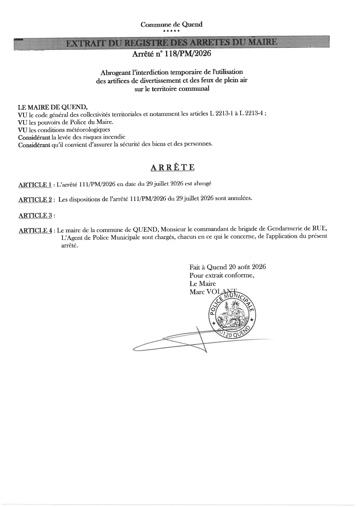 Arrêté 118/PM/2026 Abrogation de l’interdiction d’utiliser des barbecues