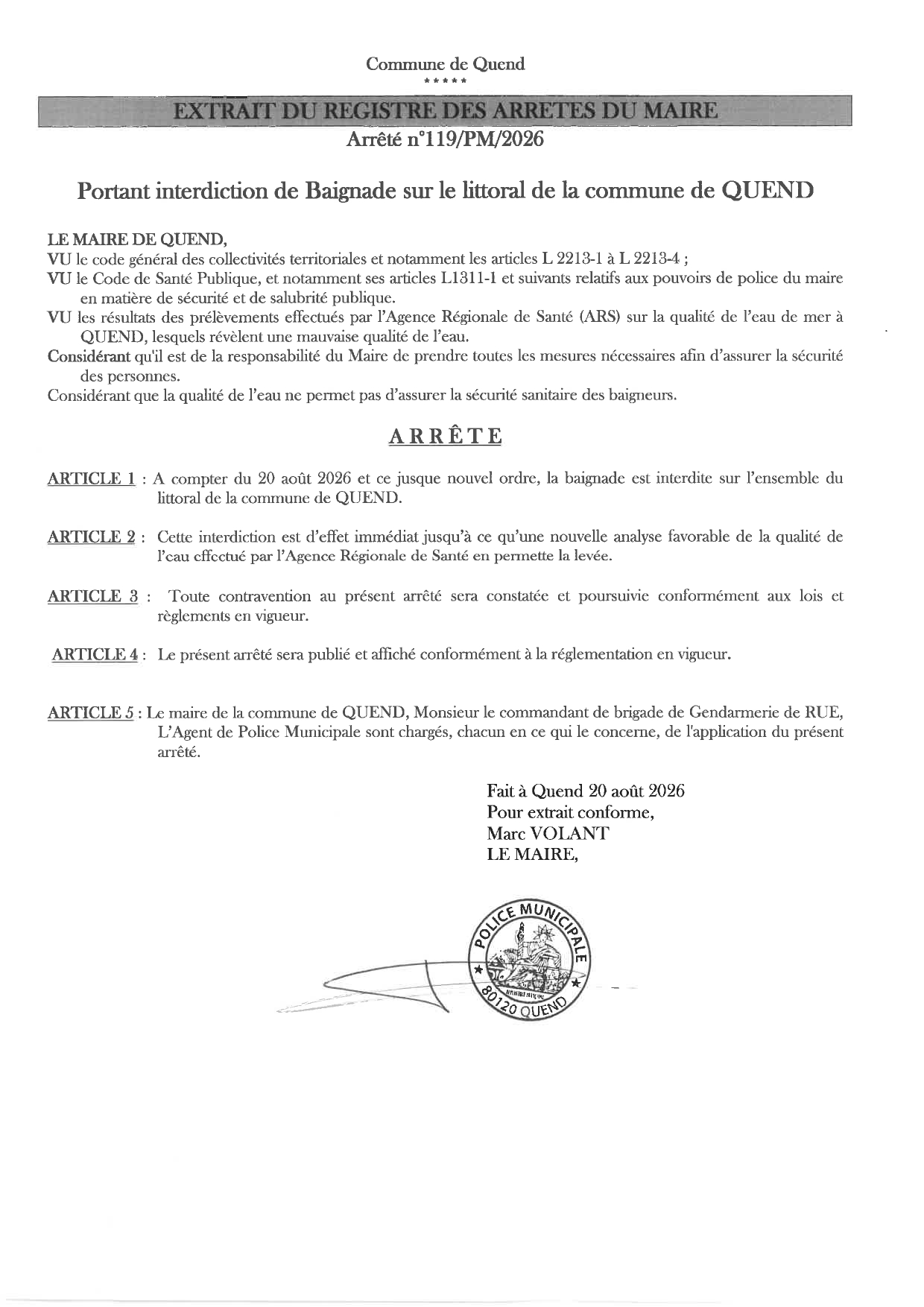 Arrêté 119/PM/2026 portant interdiction de baignade sur le littoral